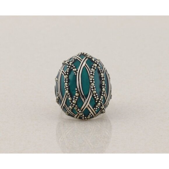 Sterling Silver Green Enamel and Marcasite Dome Ring Size 6 1/4